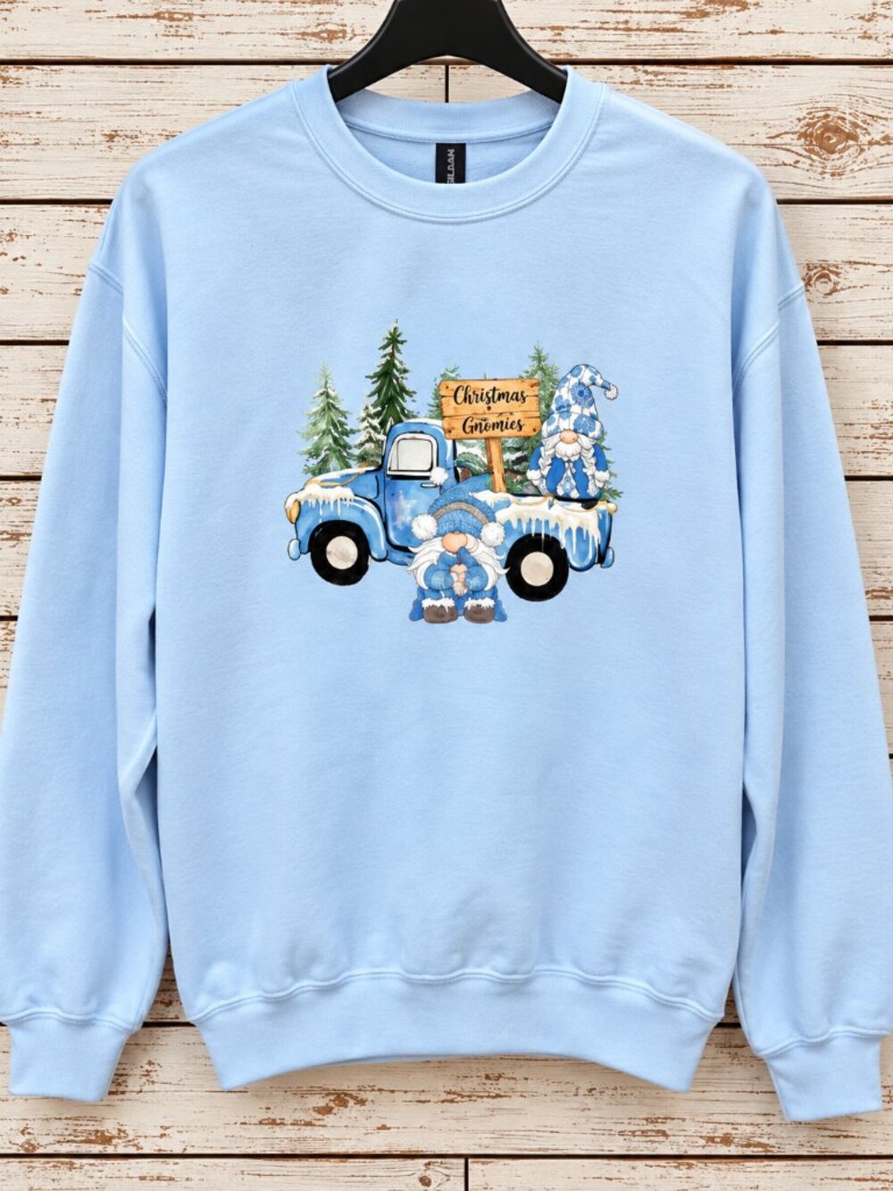 Christmas Gnomes Truck Sweatshirt Light Blue Holiday - Picture 1 of 1